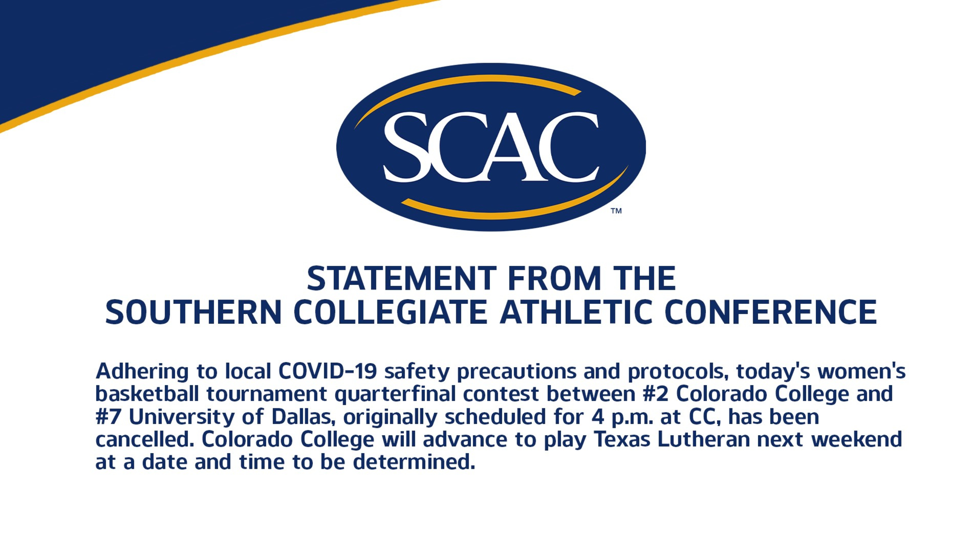 SCAC Official Statement on UD Women's Basketball Game at Colorado College Tonight